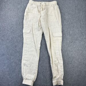 Nicole Miller Pants Womens XS White 100% Linen Cargo Jogger Elastic Cuff Casual